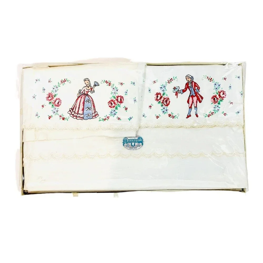 Vintage 1940s Regency Sheet Set Colonial Printed Decropak Pillowcases Deadstock